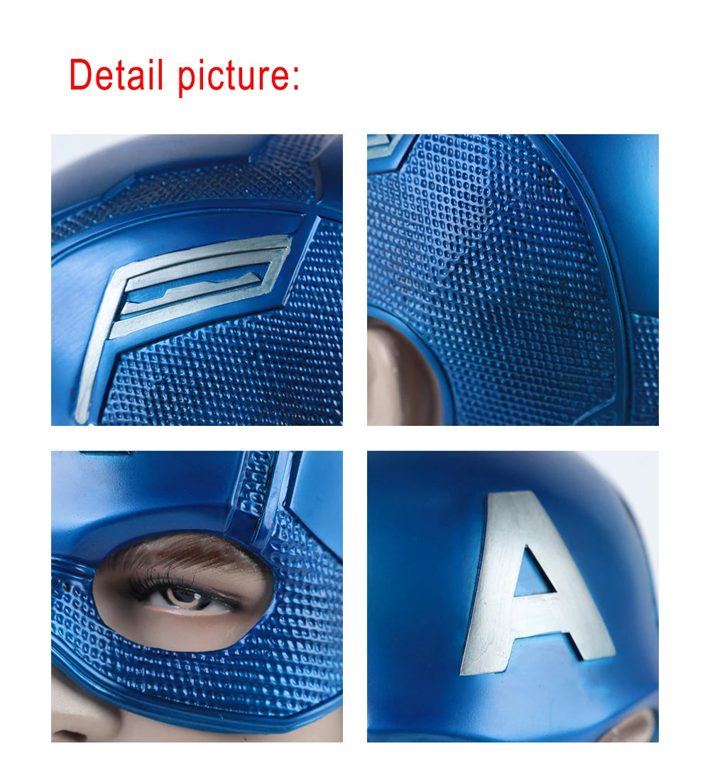 Close-up of Captain America Halloween mask with detailed textures and iconic blue color