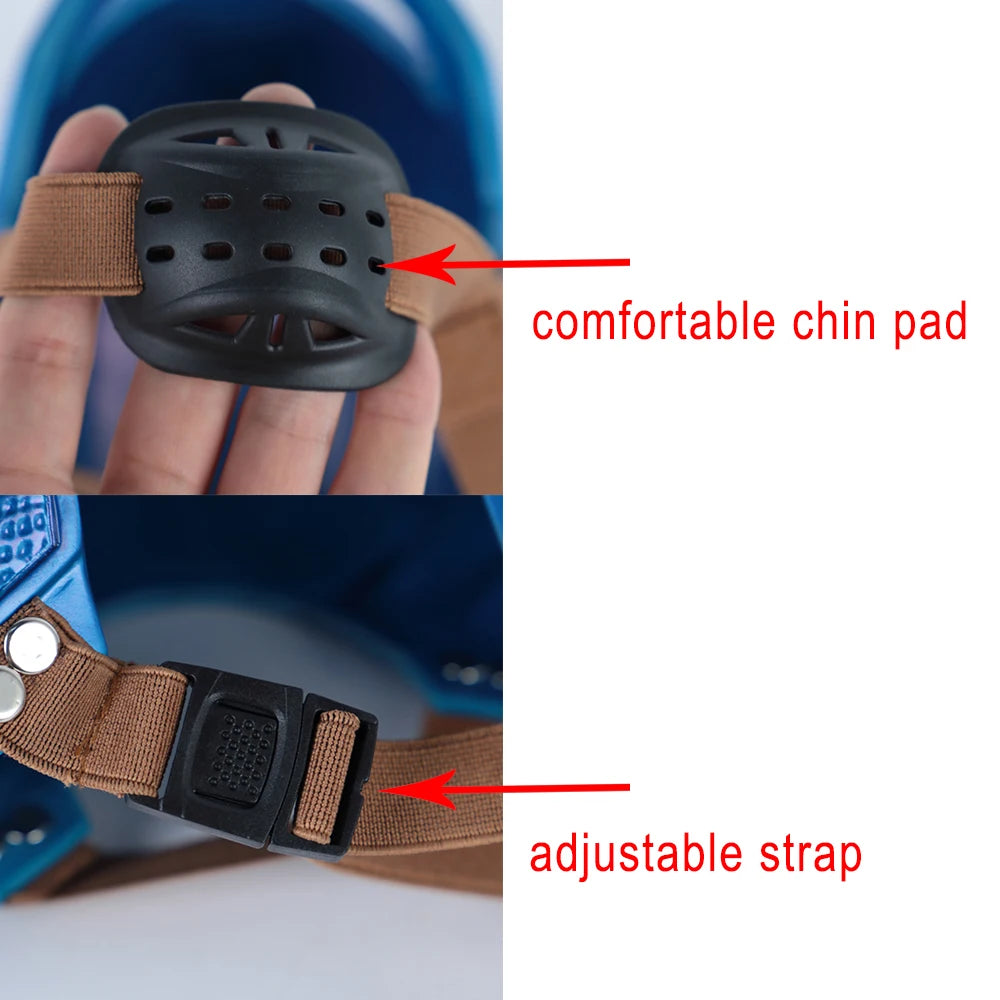Close-up of Captain America Halloween mask featuring a comfortable chin pad and adjustable strap for fit