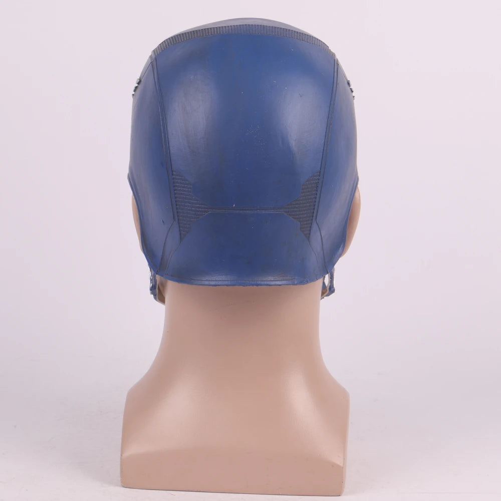 Back view of Captain America Halloween mask in blue with textured design for costume parties