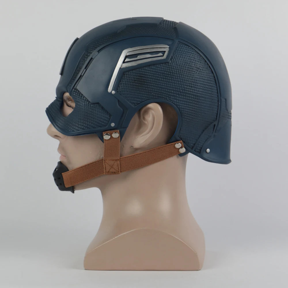 Side view of Captain America Halloween mask with adjustable straps for costume enthusiasts