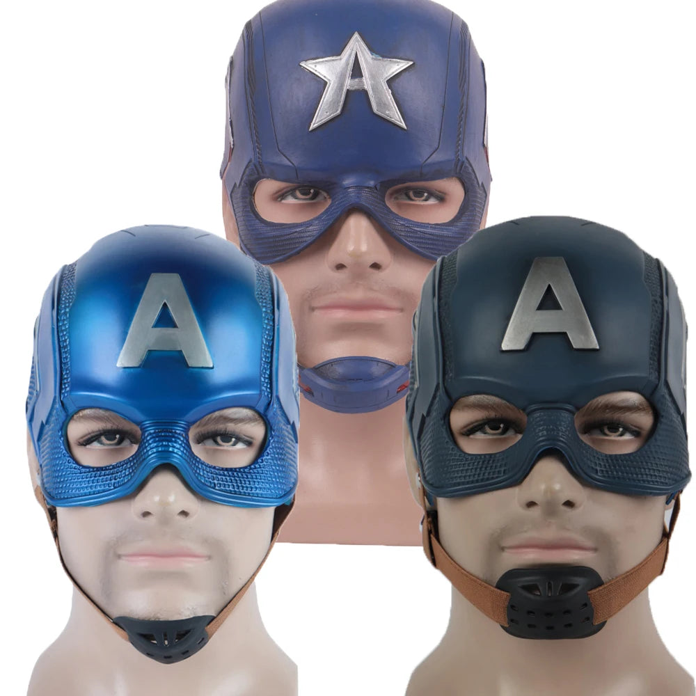 Three Captain America Halloween masks featuring blue and black designs with adjustable straps