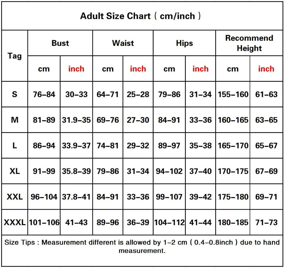 Adult Size Chart for Carnage superhero Costume for Adults n Kids in cm and inch for accurate fitting