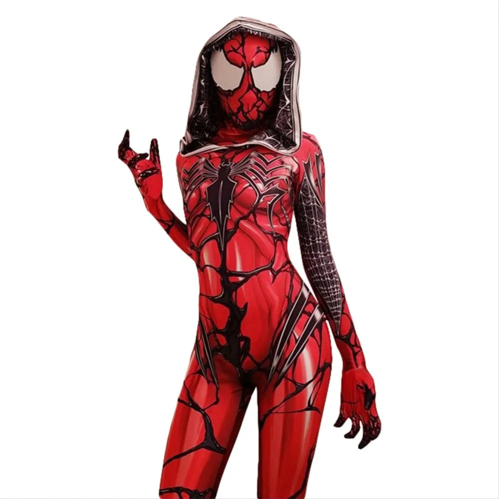 Carnage superhero Costume for Adults n Kids featuring a red and black design with web patterns and a hood