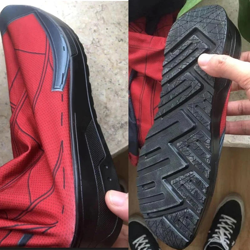 Close-up of red Carnage superhero costume shoes for adults and kids with textured black soles