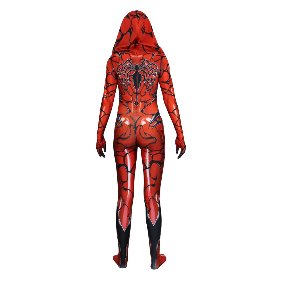 Carnage superhero Costume for Adults n Kids displayed on a mannequin with vivid red and black design