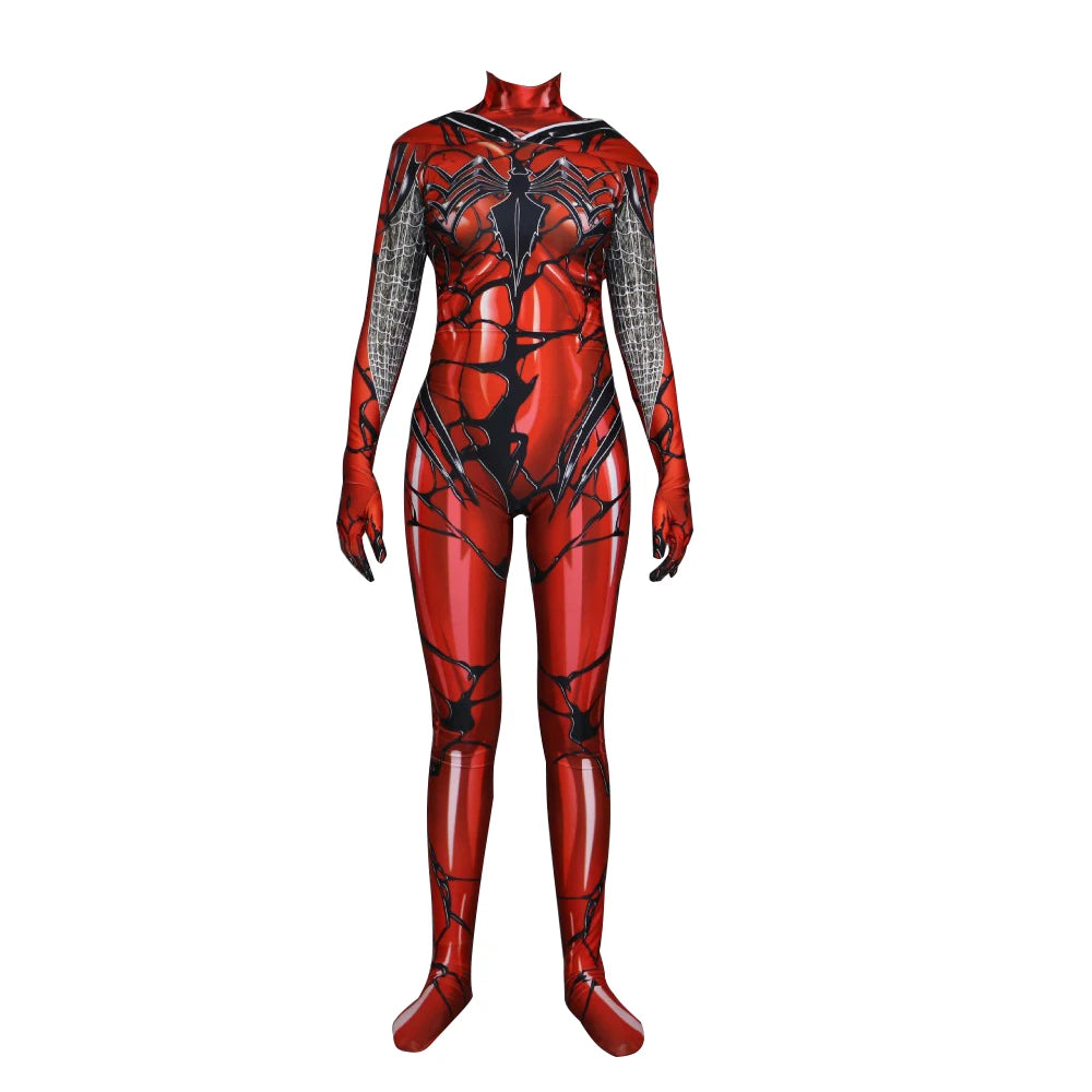Carnage superhero Costume for Adults n Kids featuring a full-body red suit with web details