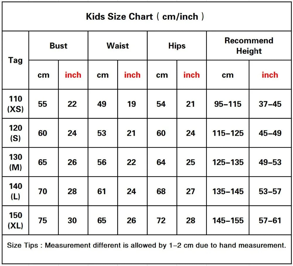 Kids size chart for clothing including measurements for Bust, Waist, and Hips for the Carnage superhero Costume for Adults n Kids.