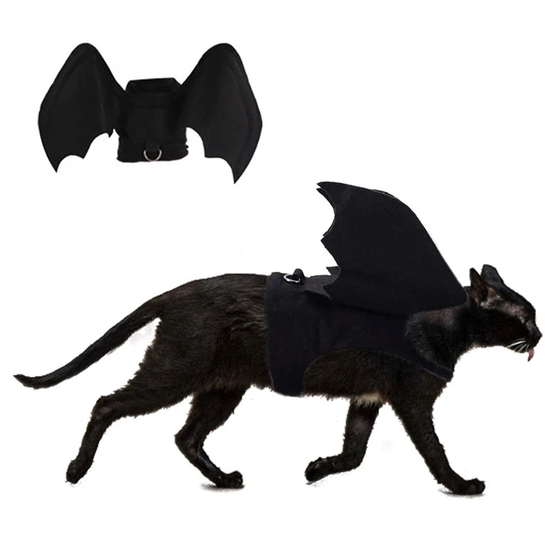 Black cat bat wings costume for pets with adjustable straps for a playful look