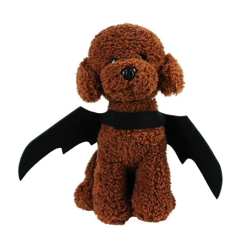 Adorable plush dog with black cat bat wings costume for fun Halloween pet dress-up