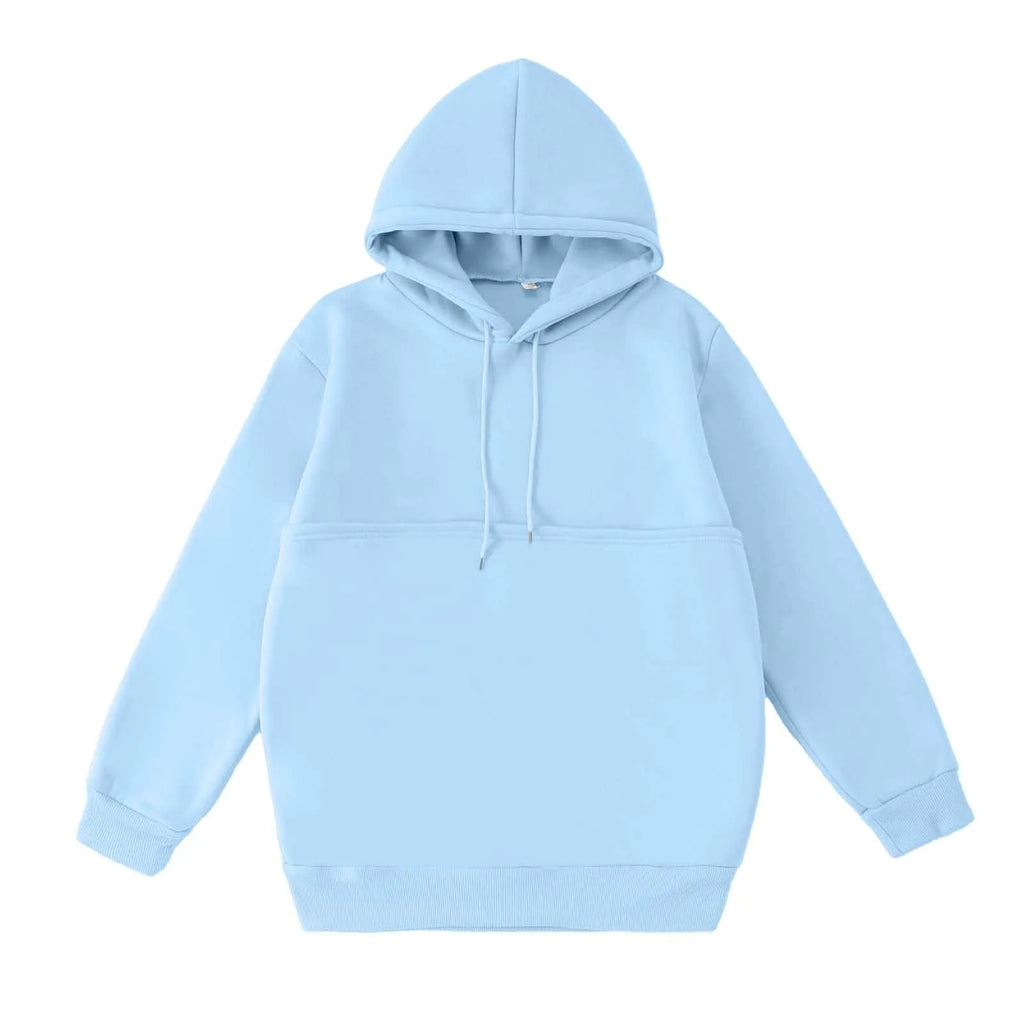 Light blue cat carrier kangaroo pocket sweatshirt with a relaxed fit and cozy design
