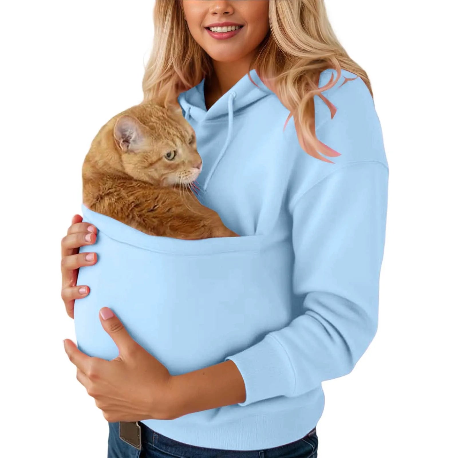 Light blue cat carrier kangaroo pocket sweatshirt for comfortably carrying your cat