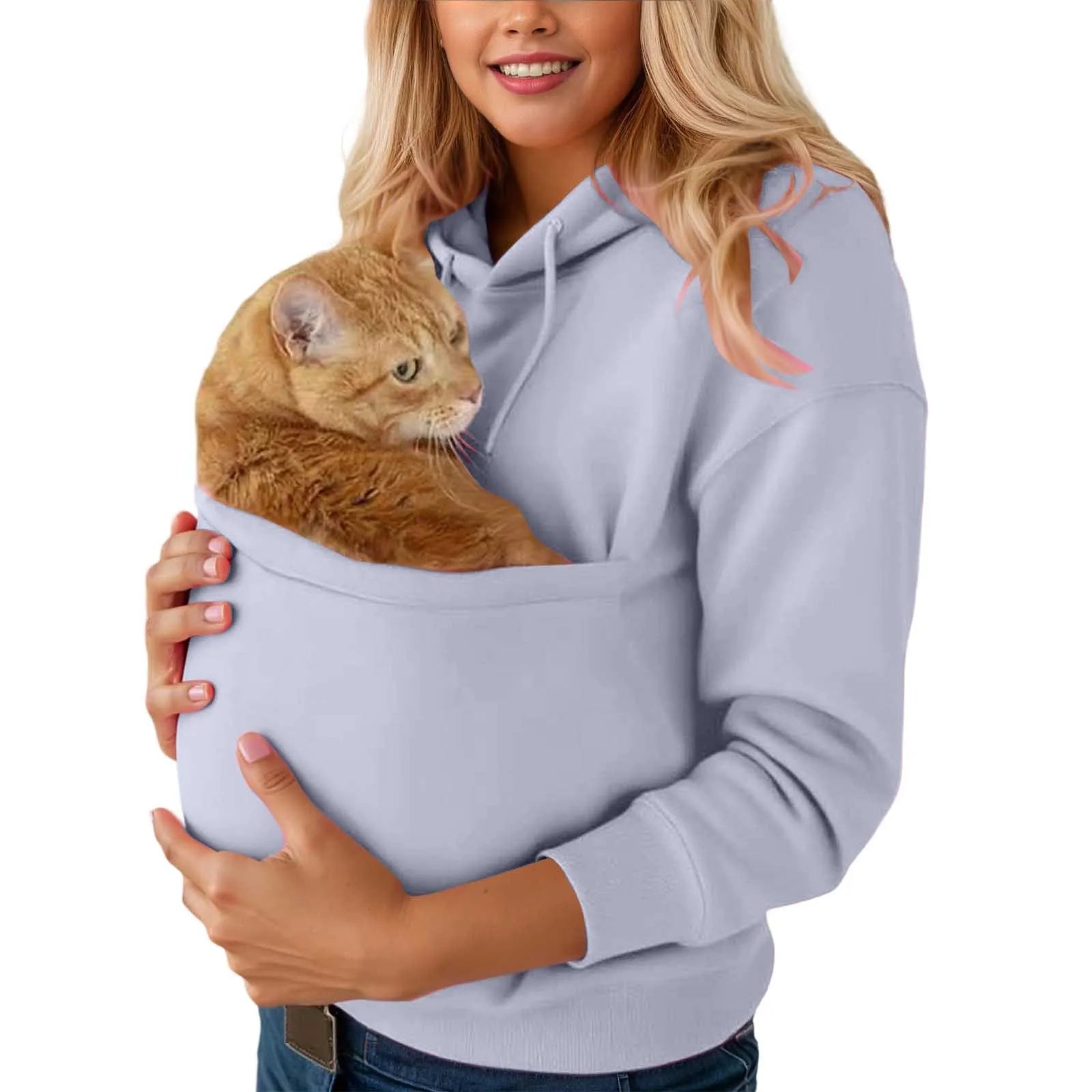 Cozy cat carrier kangaroo pocket sweatshirt in light blue with an orange cat for comfortable pet transport