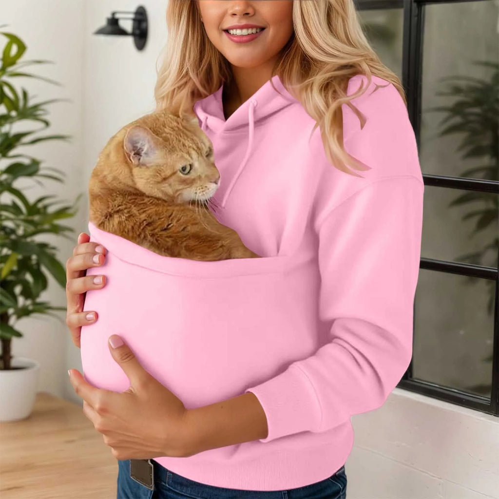 Pink cat carrier kangaroo pocket sweatshirt for cozy pet cuddling and comfort