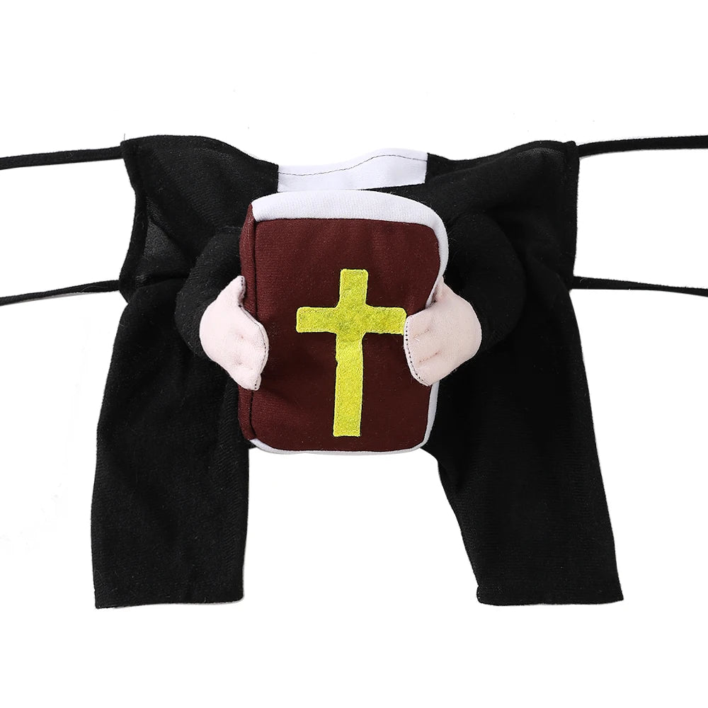 Cat cosplay costume bible cross featuring a character outfit with a book and cross design