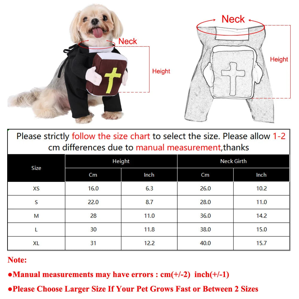 Dog wearing cat cosplay costume bible cross with black robe and cross detail for pets