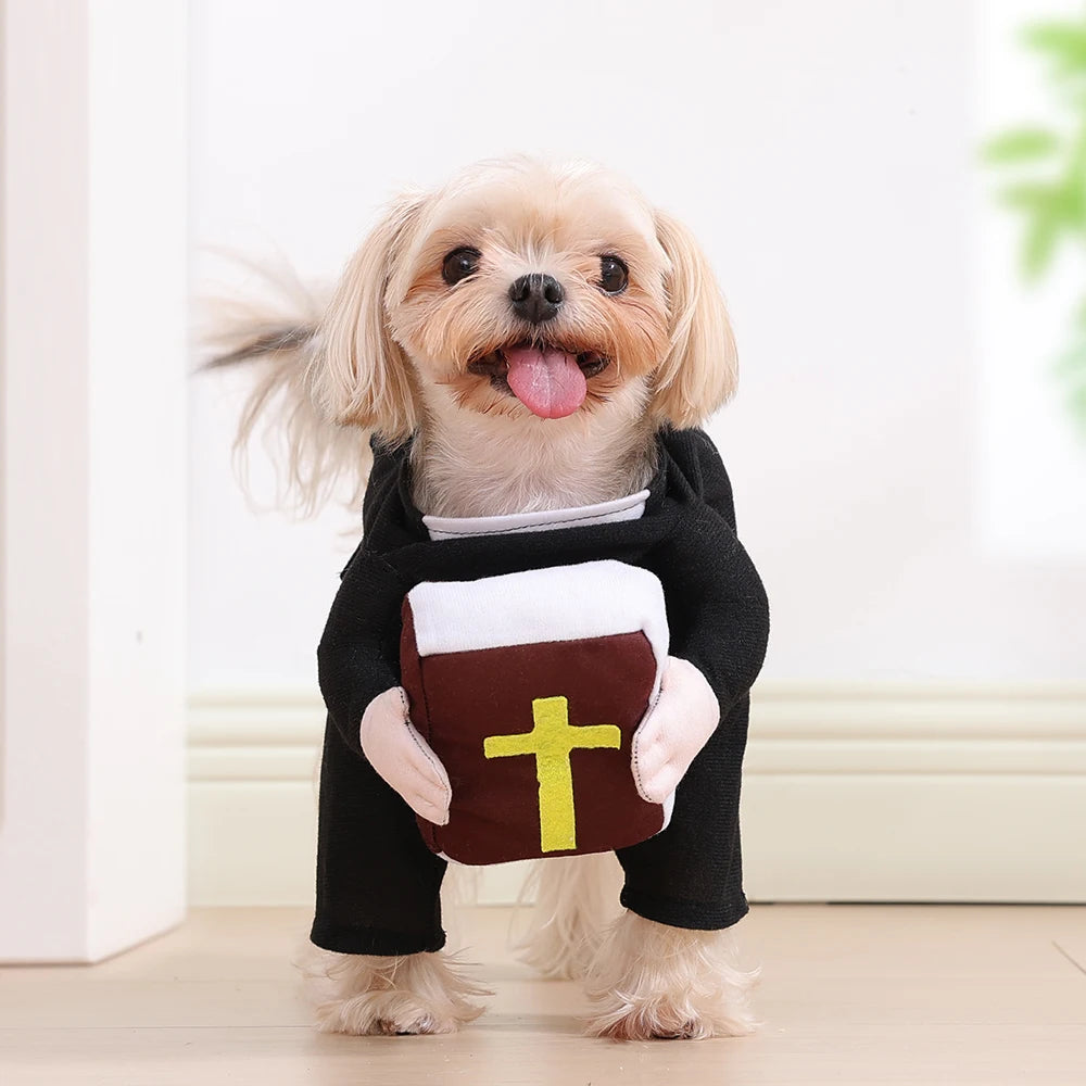 Cute dog wearing a cat cosplay costume bible cross with a plush book accessory for playful pets