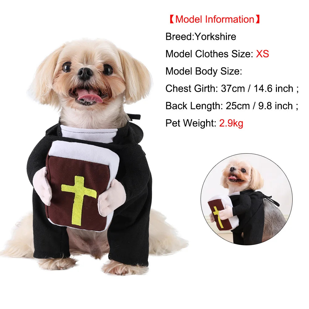 Adorable dog in a cat cosplay costume bible cross, designed for small breeds like Yorkshire