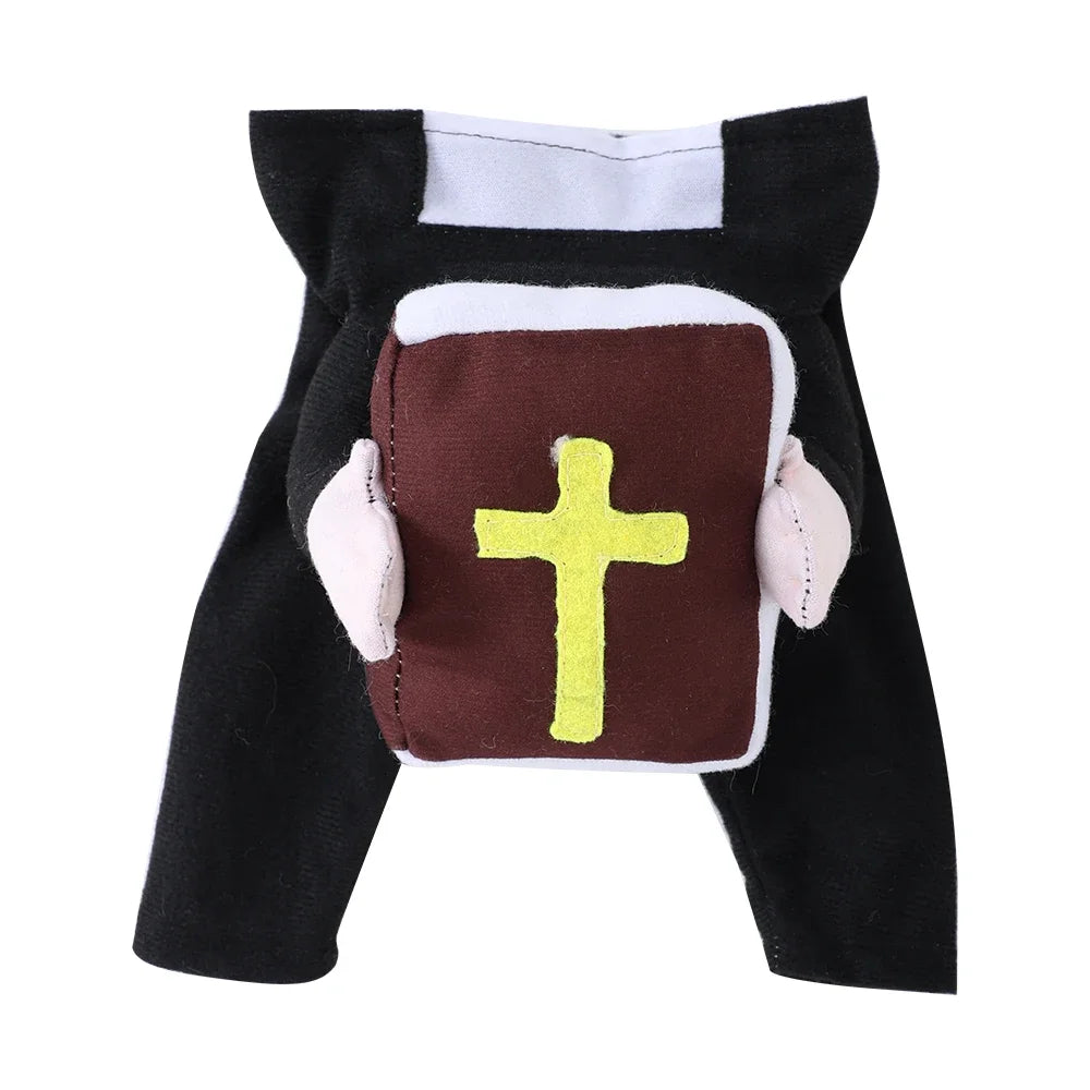 Cat cosplay costume bible cross with black fabric and yellow cross detail for festive pet dress-up