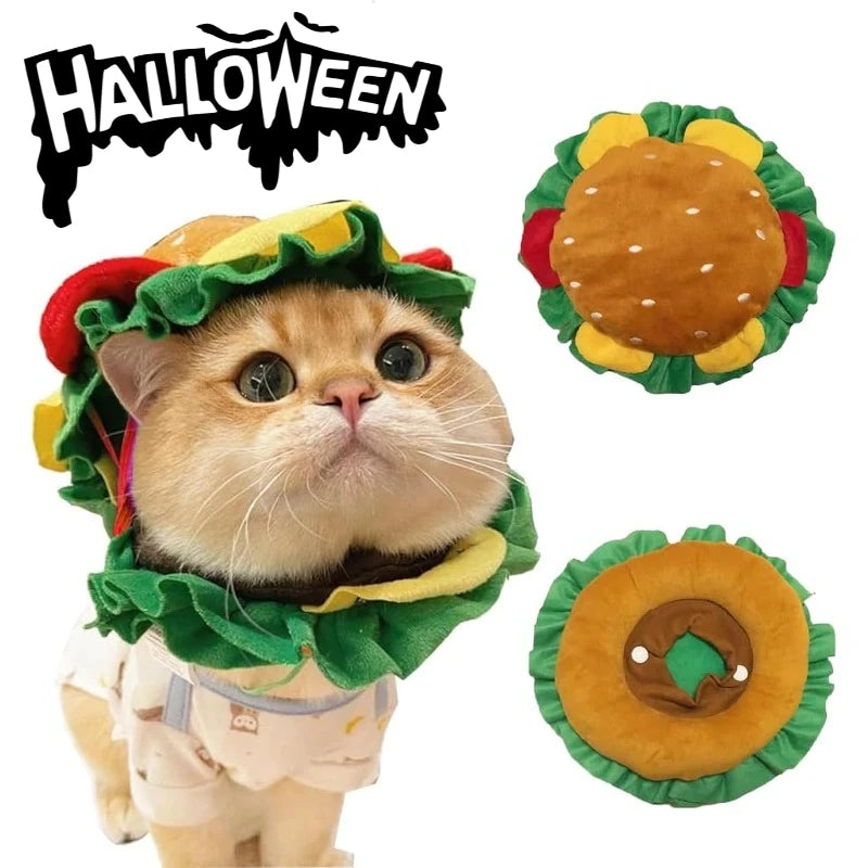 Adorable cat hamburger costume hat with lettuce and tomato details for Halloween pet fun