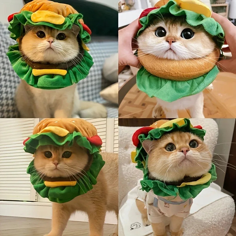 Adorable cat wearing a cat hamburger costume hat with playful lettuce and tomato details