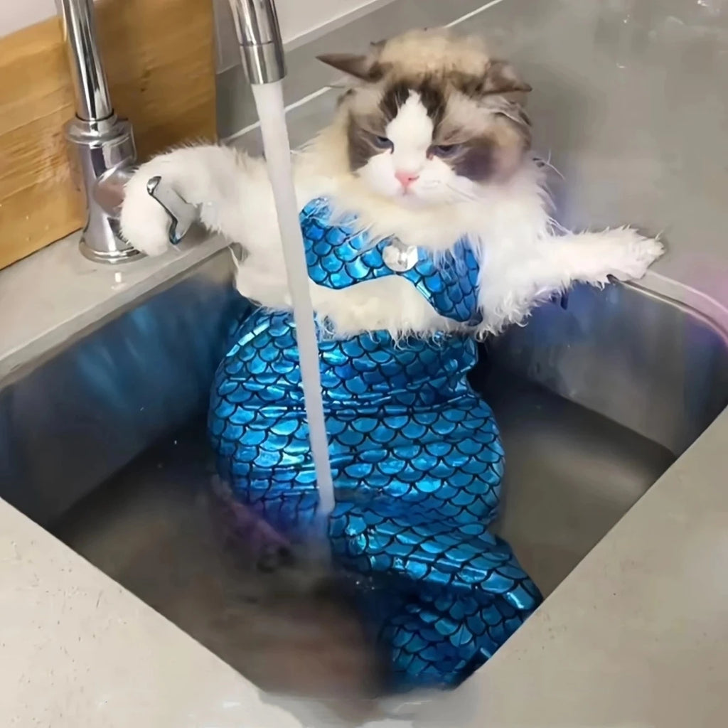 Adorable cat in a cat mermaid costume lounging in a sink with running water