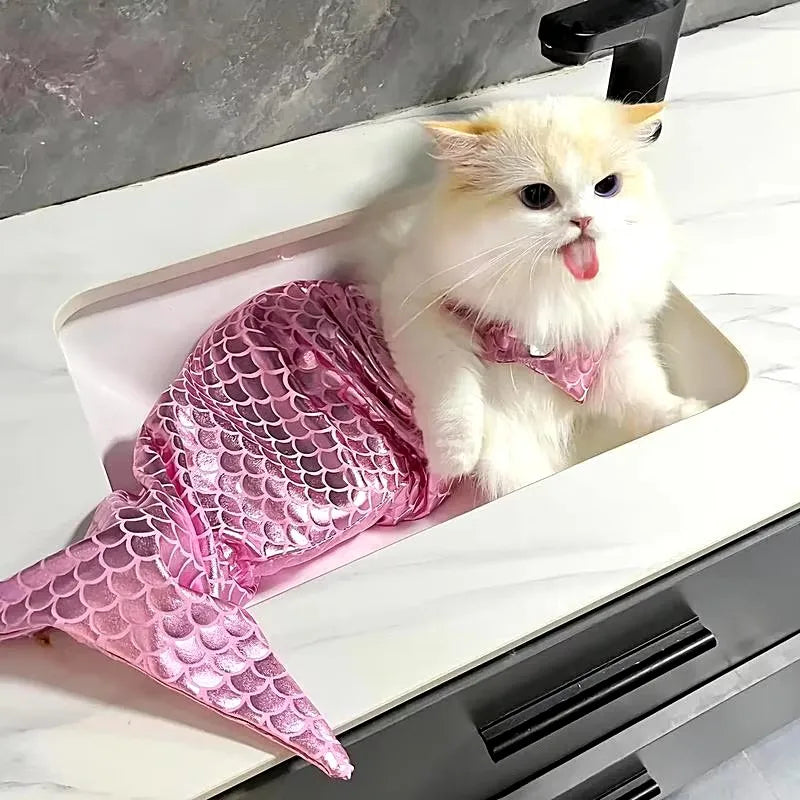Fluffy cat wearing a cat mermaid costume relaxing in a sink with a playful expression