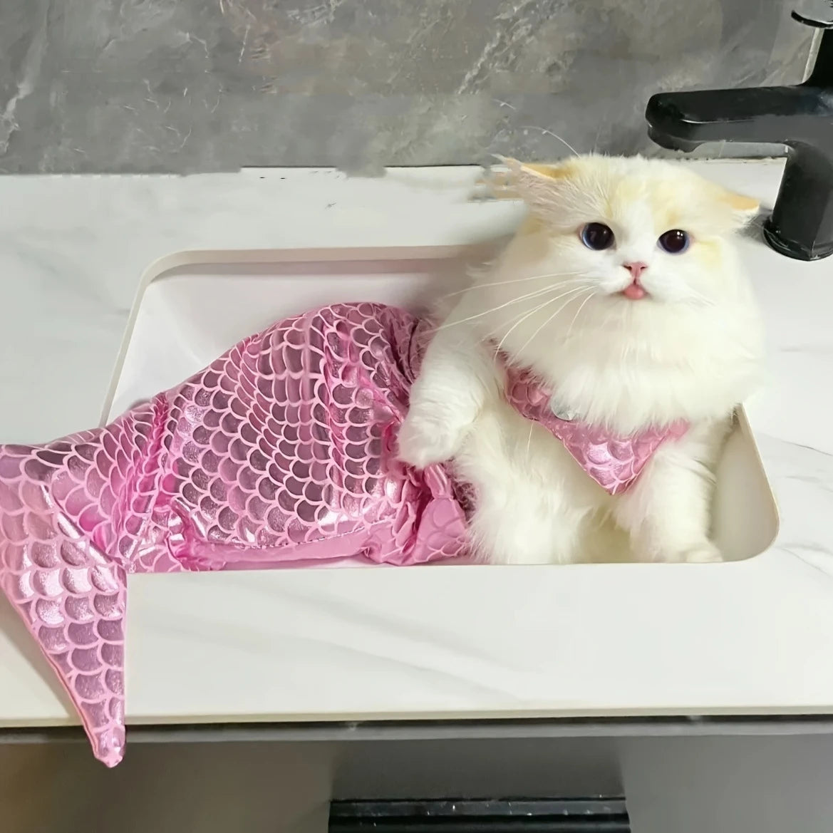 Adorable cat mermaid costume in pink, featuring a shiny mermaid tail for playful pets