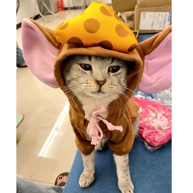 Cute cat wearing a cat mouse costume with oversized ears and a cheese hat