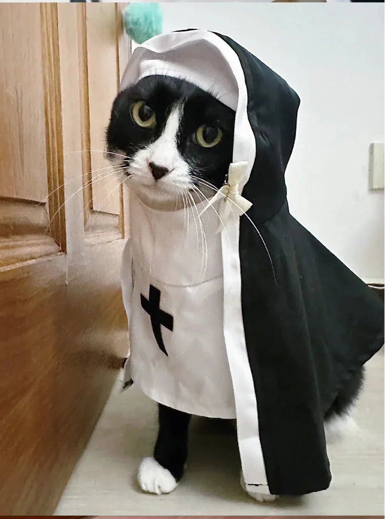 Cat in a nun costume for cats and small dogs featuring a black and white design with a cross