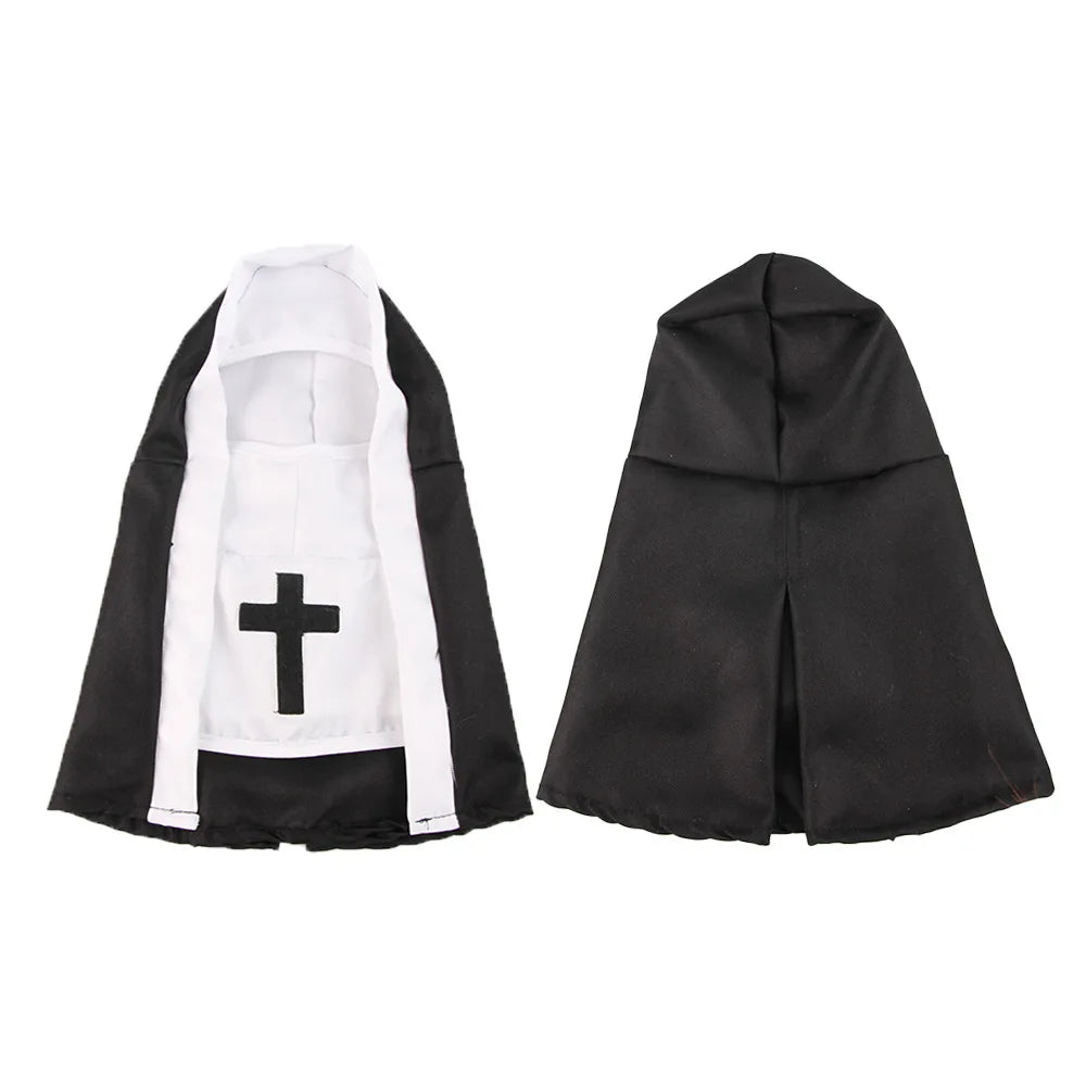 Cat nun costume for cats and small dogs featuring a black and white design with cross detail