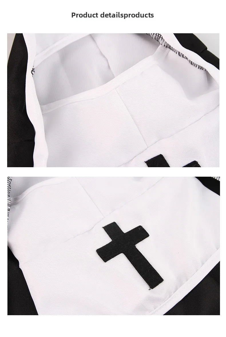 Close-up of cat nun costume for cats and small dogs with black and white fabric and cross details