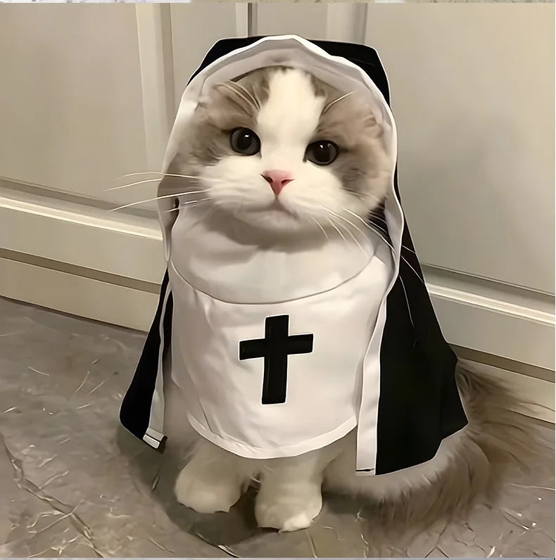 Adorable feline in a cat nun costume for cats and small dogs with a hood and cross design