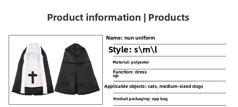 Adorable cat nun costume for cats and small dogs, featuring a black and white design with a cross