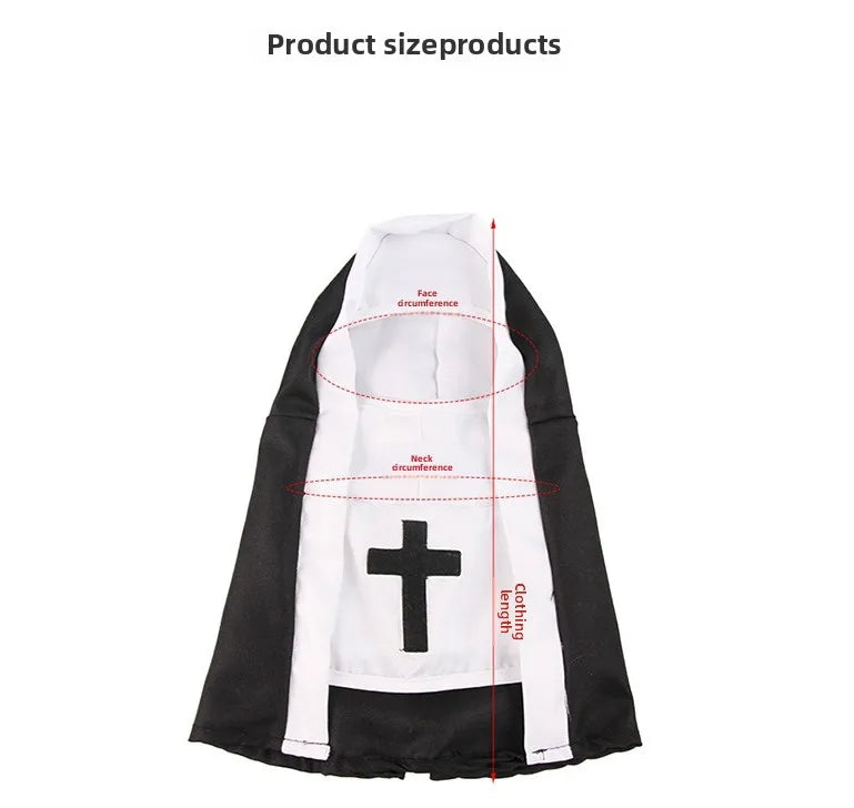 Cat nun costume for cats and small dogs featuring a black cape and white habit