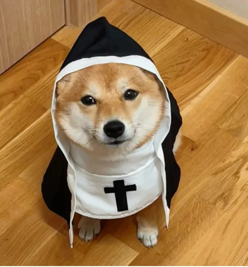 Adorable cat nun costume for cats and small dogs featuring a hood and cross design