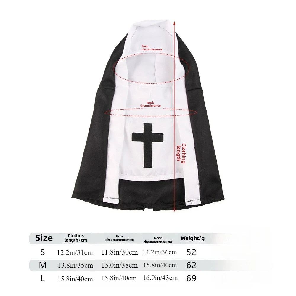 Cat nun costume for cats and small dogs with a black and white design and cross detail