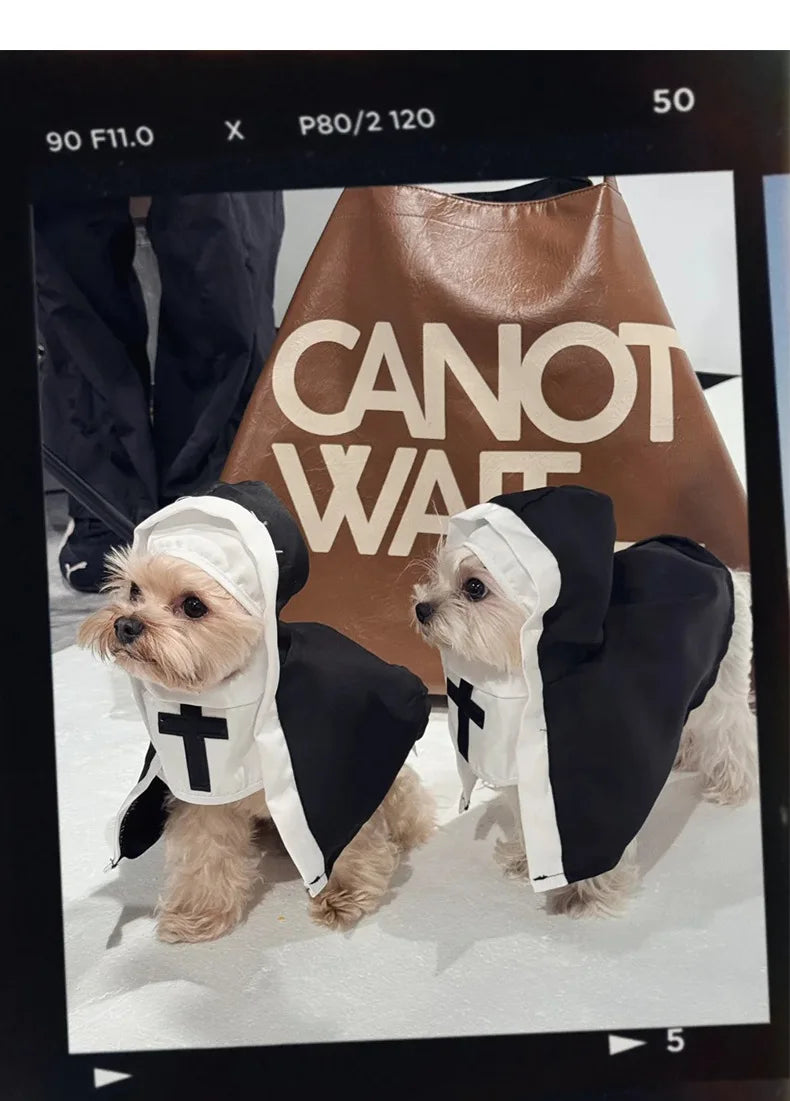 Two small dogs in a cat nun costume for cats and small dogs with black and white details