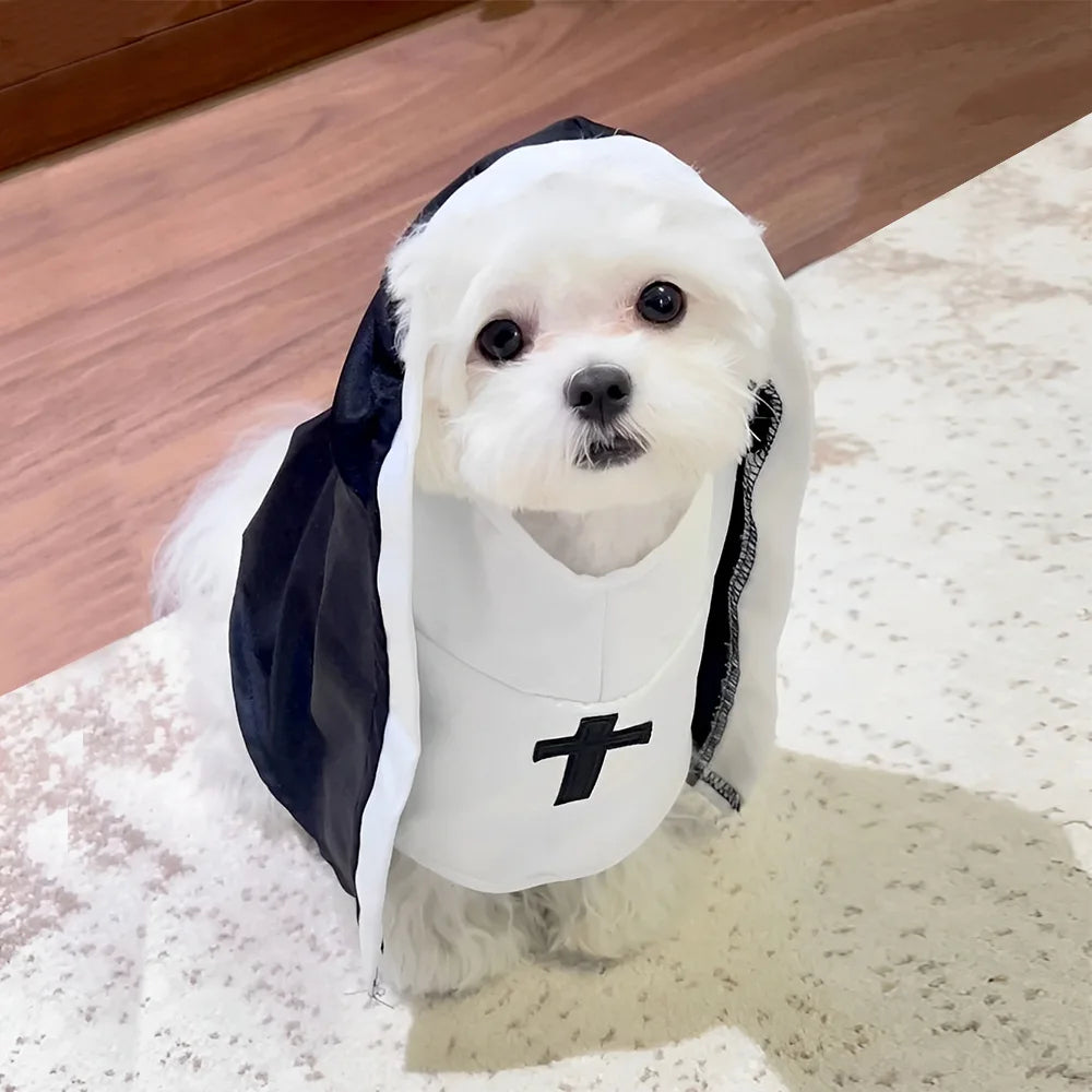 Adorable cat nun costume for cats and small dogs with black and white design