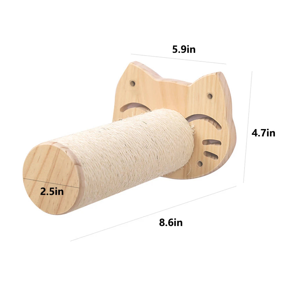 Cat Wall Climbing System™ with wooden cat face design and sisal scratching post for playful cats