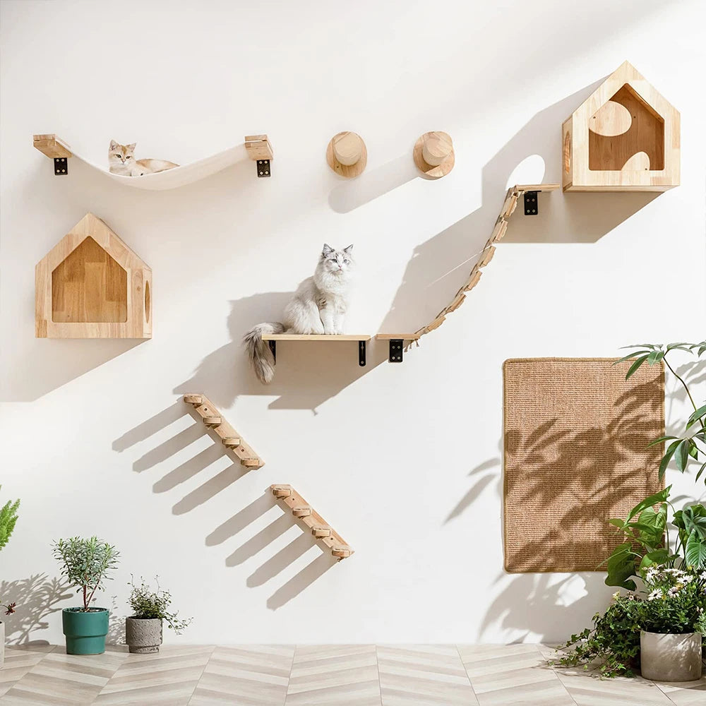 Cat Wall Climbing System™ featuring wooden shelves and houses for active cats