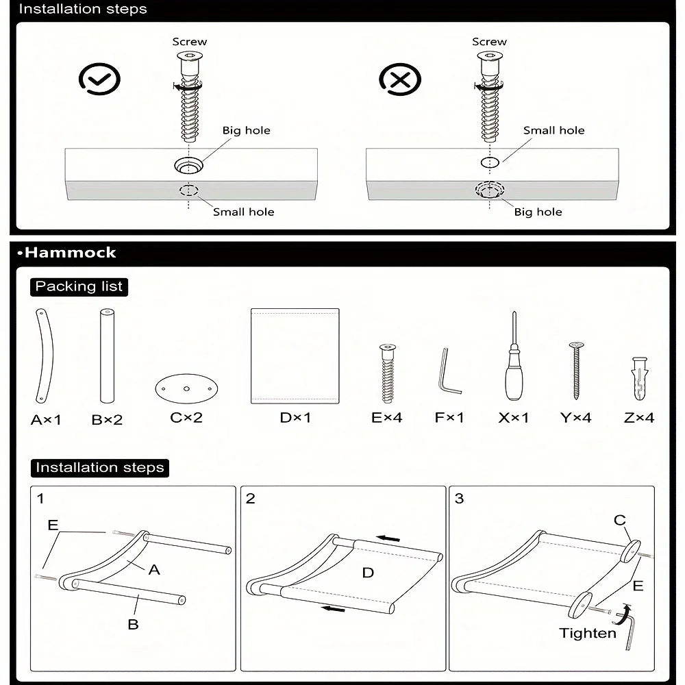 Installation guide for Cat Wall Climbing System™ with hammock setup and tool list