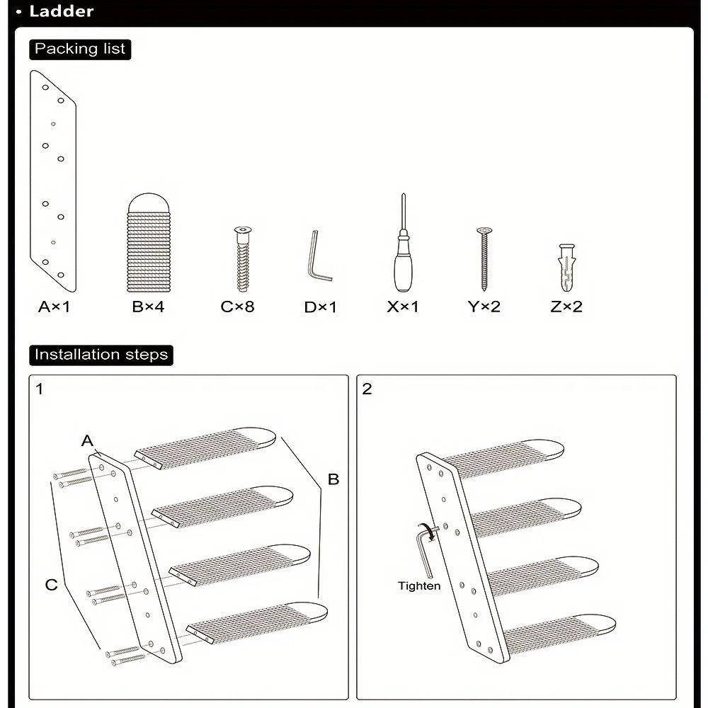 Installation guide for Cat Wall Climbing System™ with components and steps for setup