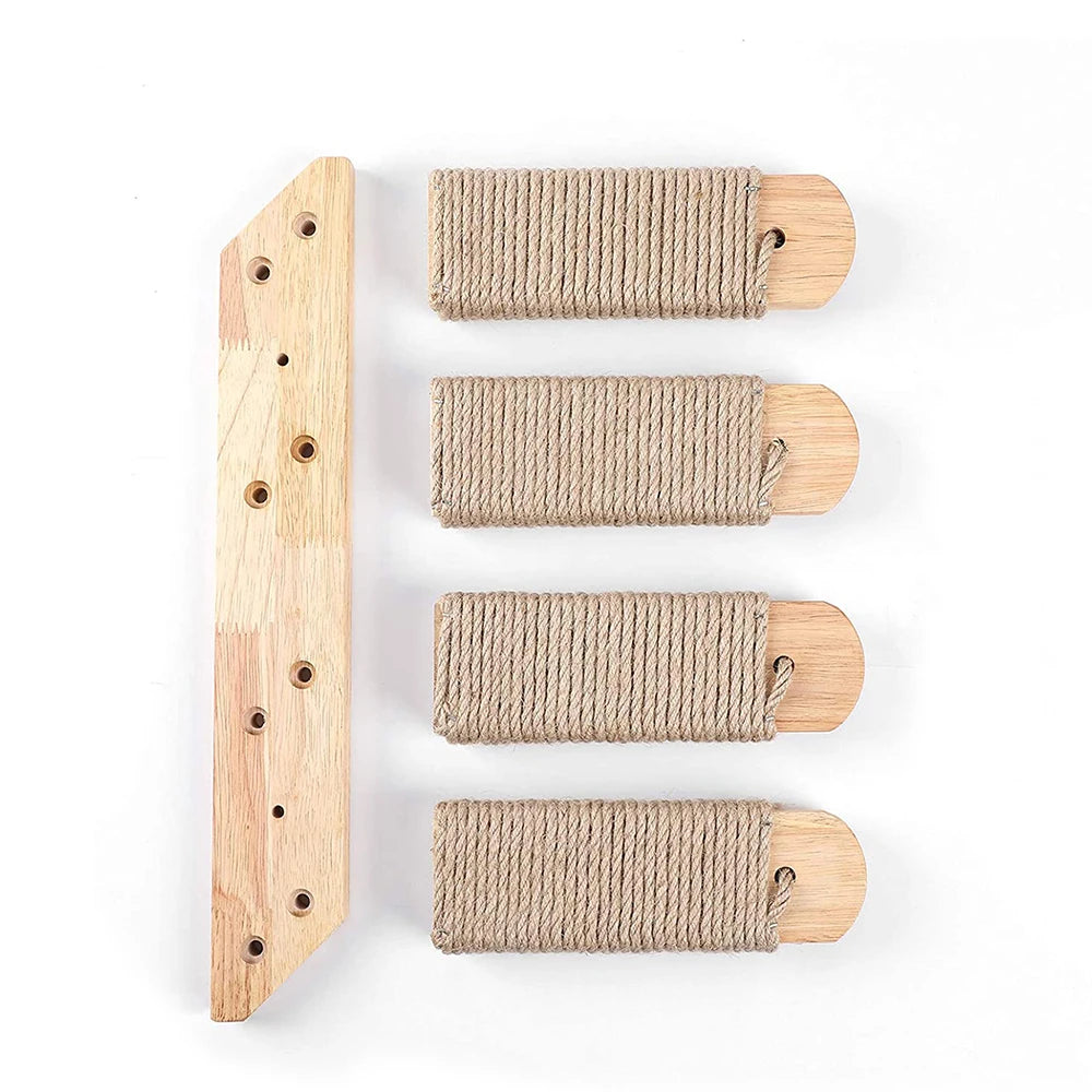 Zoomies & Co Cat Wall Climbing System™ featuring natural wood and durable sisal posts for climbing and scratching