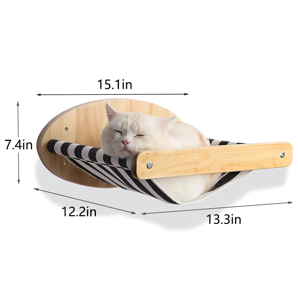 Cat Wall Climbing System™ with a cozy hammock for cats, featuring a wooden frame and striped fabric