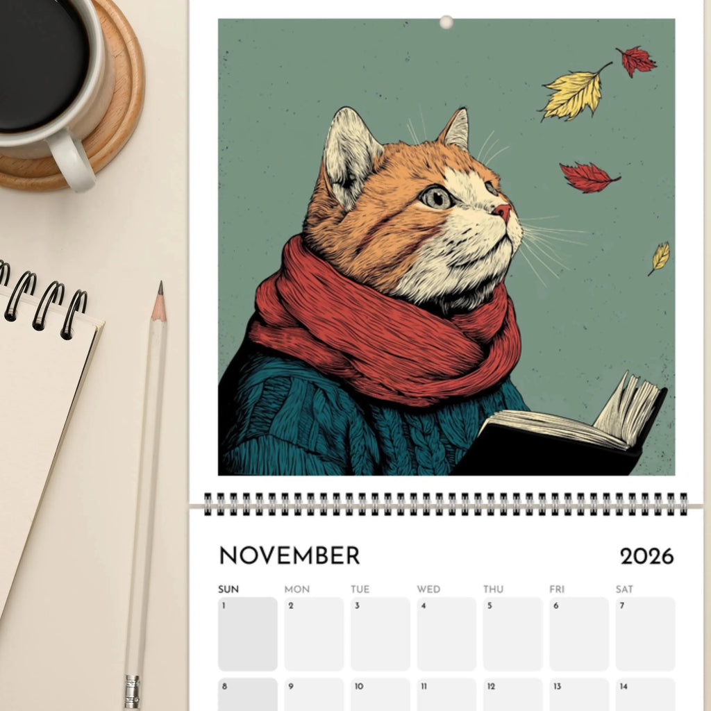 Cats with books calendar featuring an illustrated cat in a cozy scarf reading a book