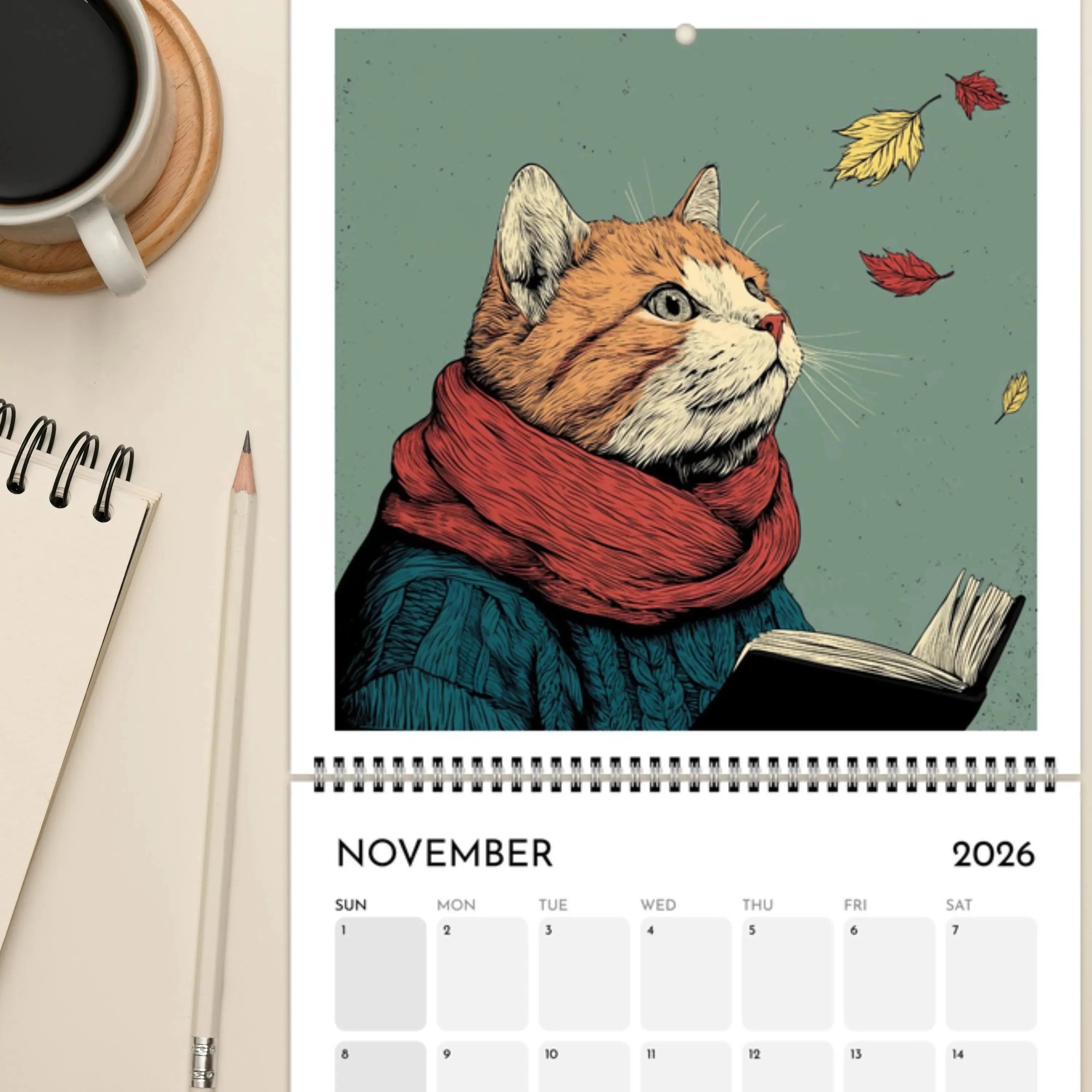 Cats with books calendar featuring an illustrated cat in a cozy scarf reading a book