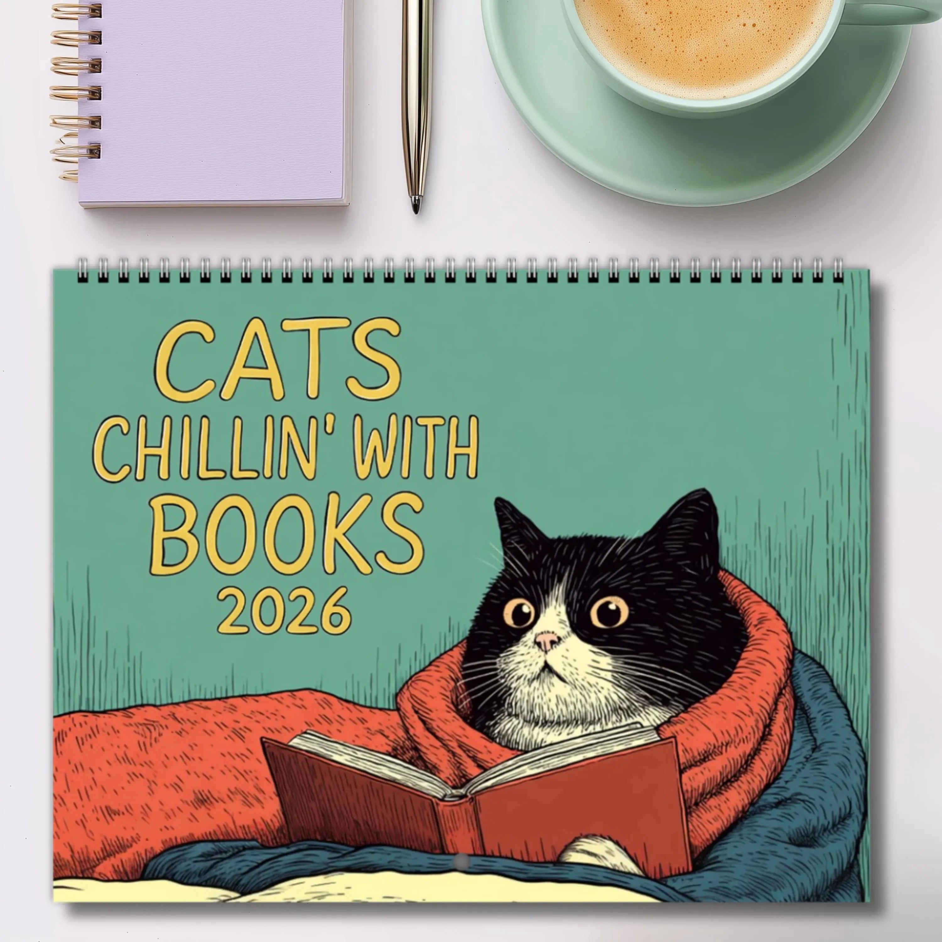 Cats Chillin' with Books 2026 Calendar featuring a cat reading under a cozy blanket