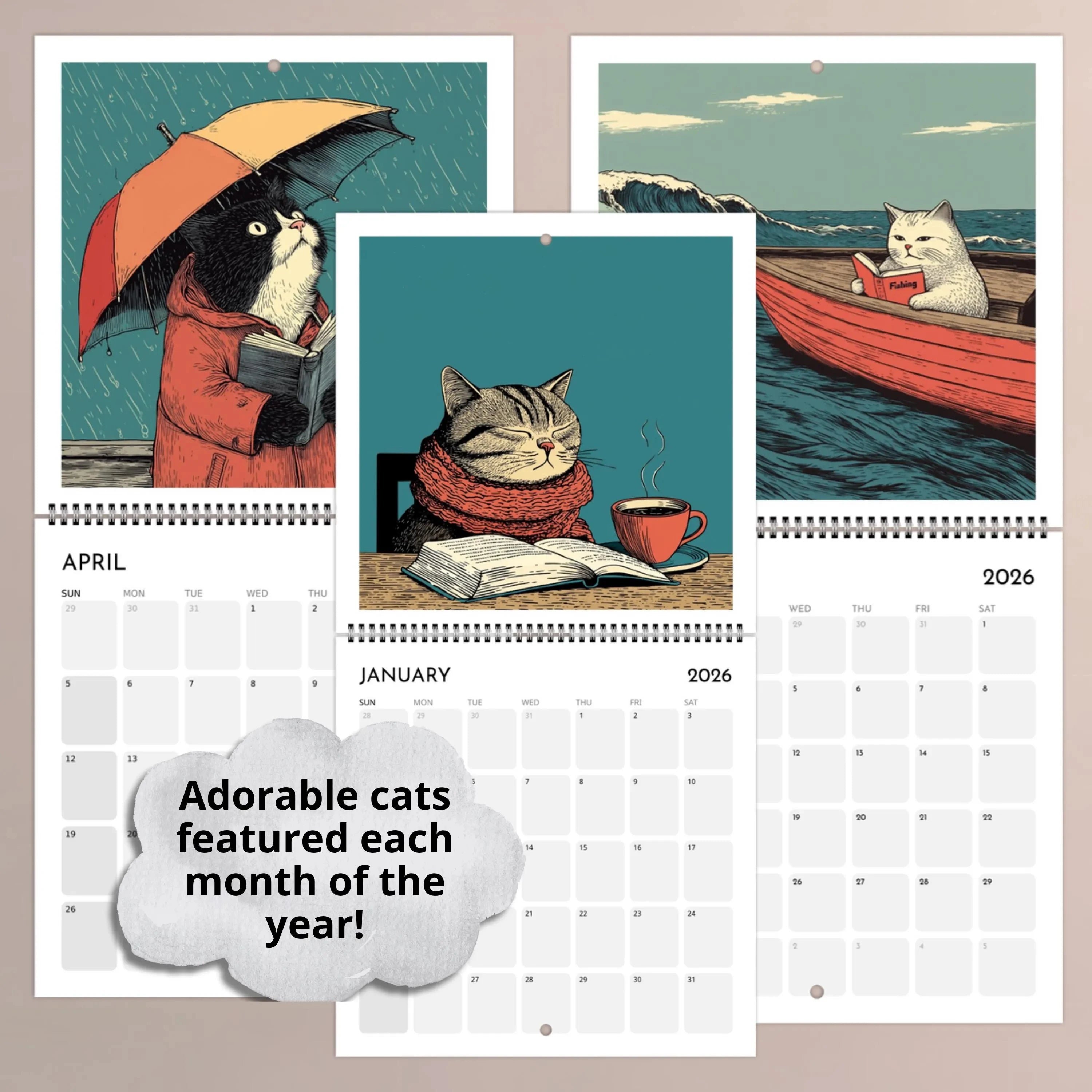 Cats with books calendar featuring adorable illustrations for each month of the year