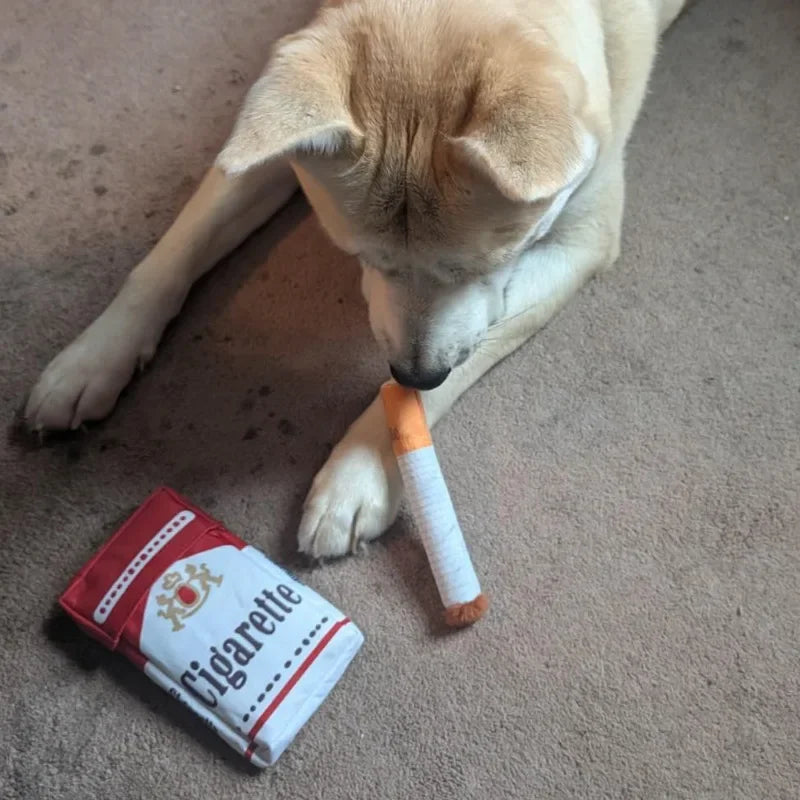 Dog playing with Cheeky Cigarette Plush Dog Toy next to a plush cigarette pack