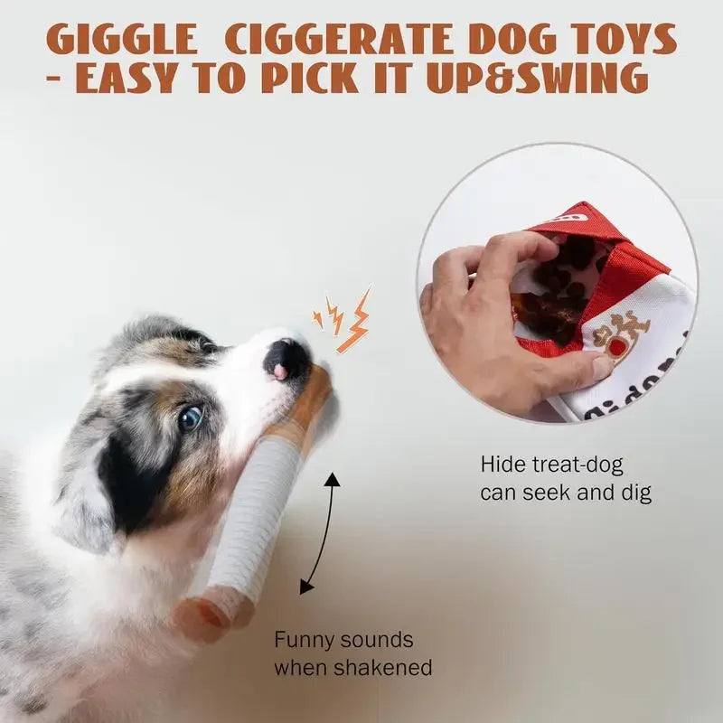 Cheeky Cigarette Plush Dog Toy with funny sounds for interactive play and treat hiding